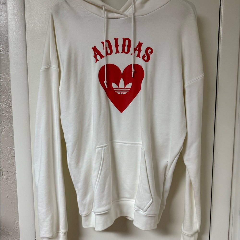 Adidas Cream Hoodie with Red Heart Emblem